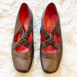 Pas De Rouge Brown/Bronze Leather Elastic Cross Strap Low Wedge Shoes Size 39